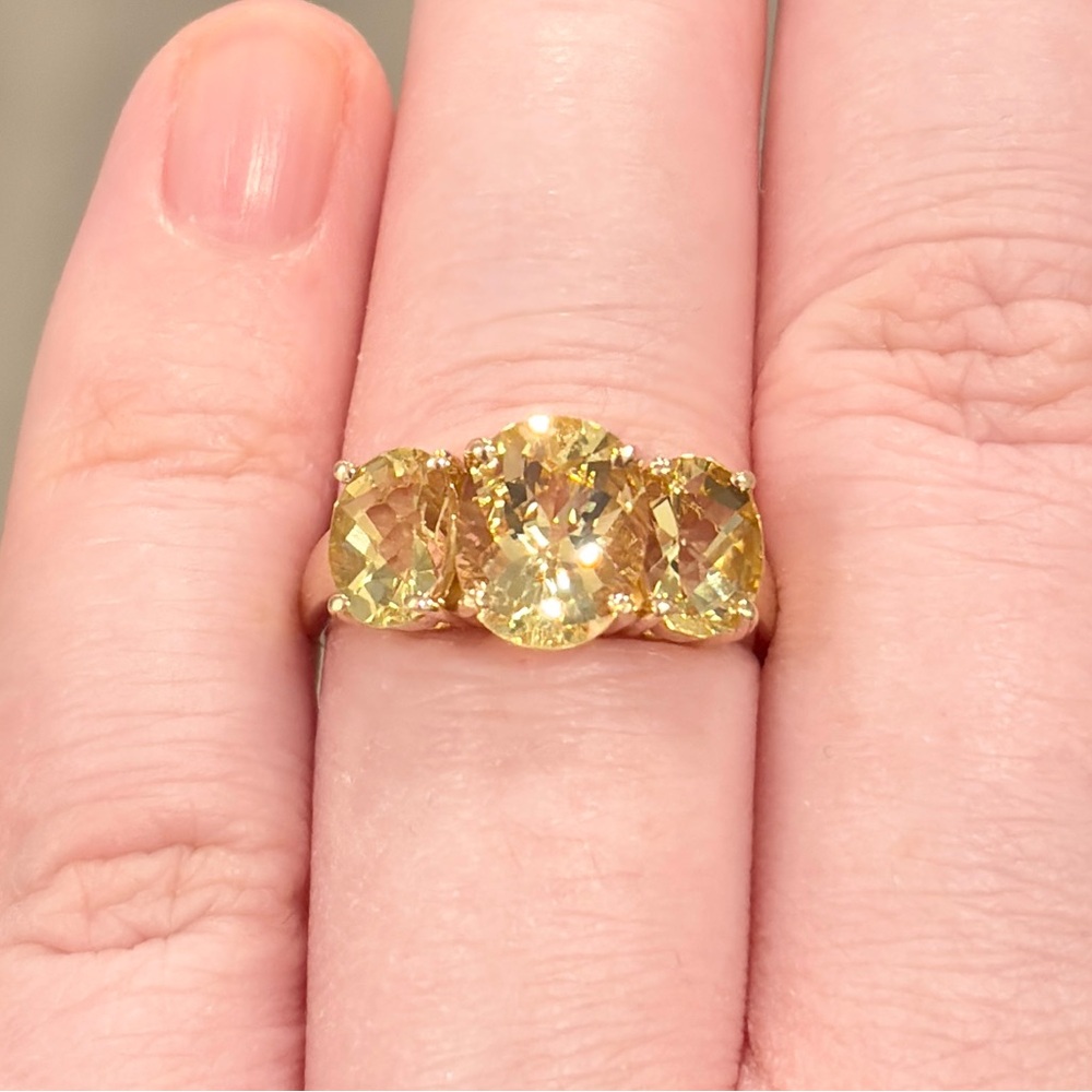 14K Golden Yellow Scapolite Ring Three Stone Oval Rose Cut 6.25 Clyde Duneier - Picture 4 of 16